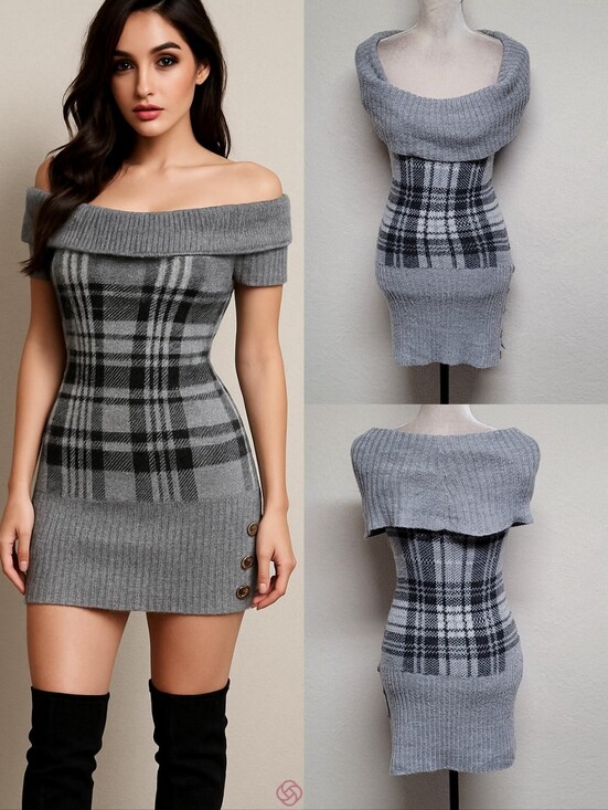 Vintage Dresses & Skirts - 90s Vintage Say What Gray Plaid Cowl-neck Off-Shoulder Bodycon Mini Dress Small